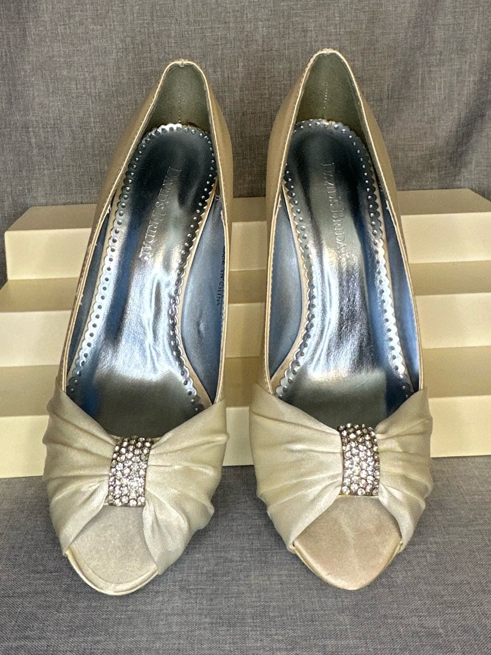 David's Bridal Champagne Satin Peep Toe Heels with Rhinestone Knot